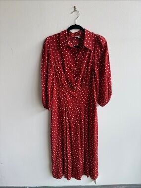 RIXO Red and White Polka Dot Midi Shirt Dress